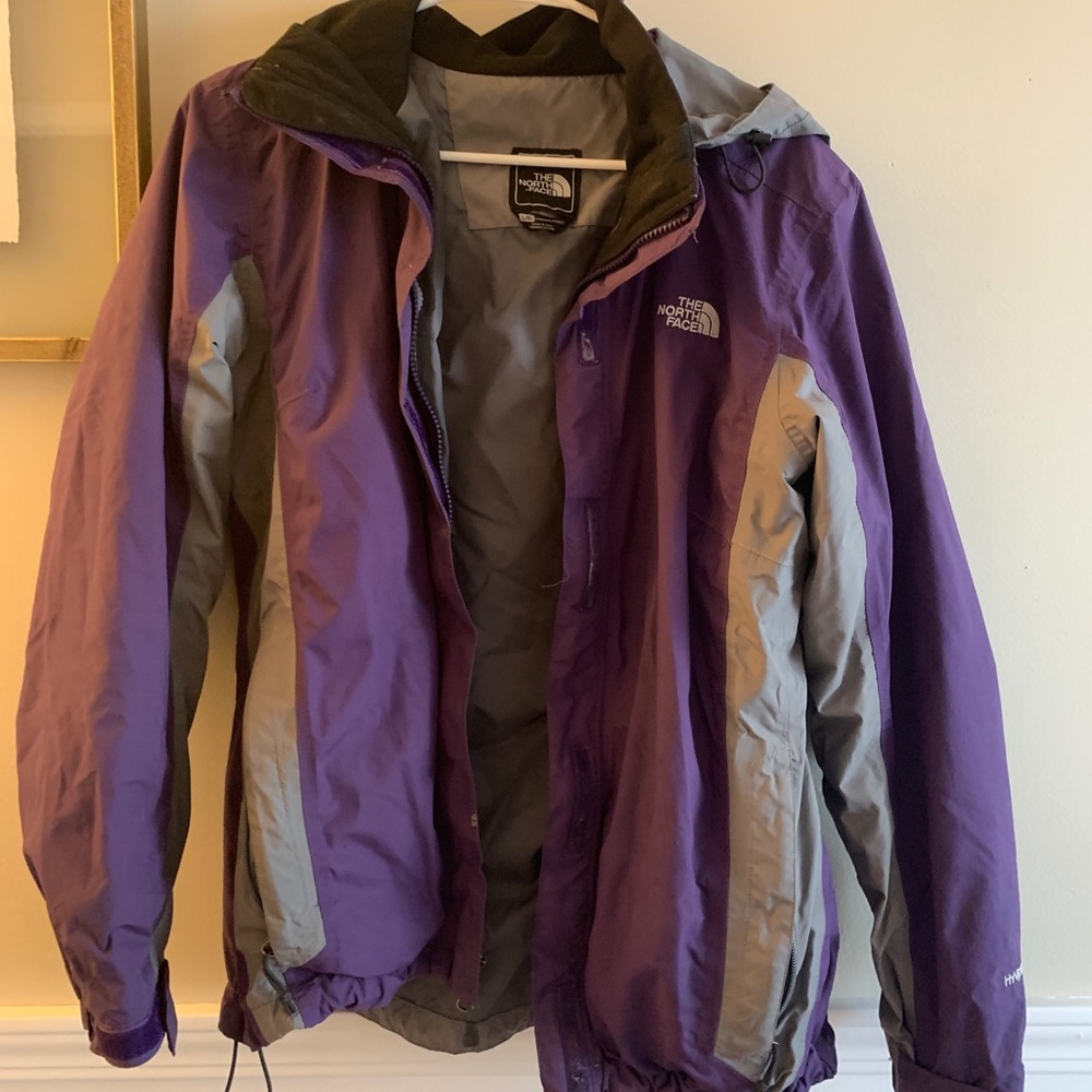 Purple and grey north face raincoat